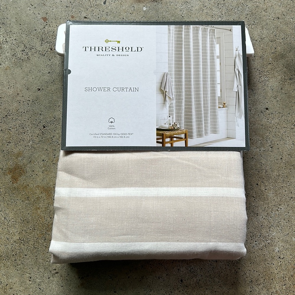 Threshold Beige and White Striped Shower Curtain